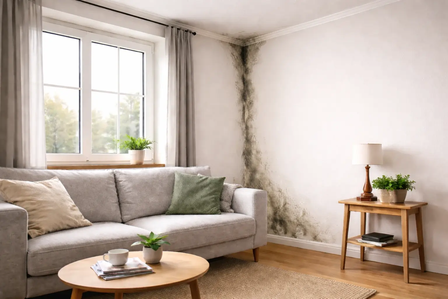 Zum Thema Schimmel in der Ecke entfernen sieht man hier einen Schimmelfleck in einer Küchenecke, Übergang zur Decke