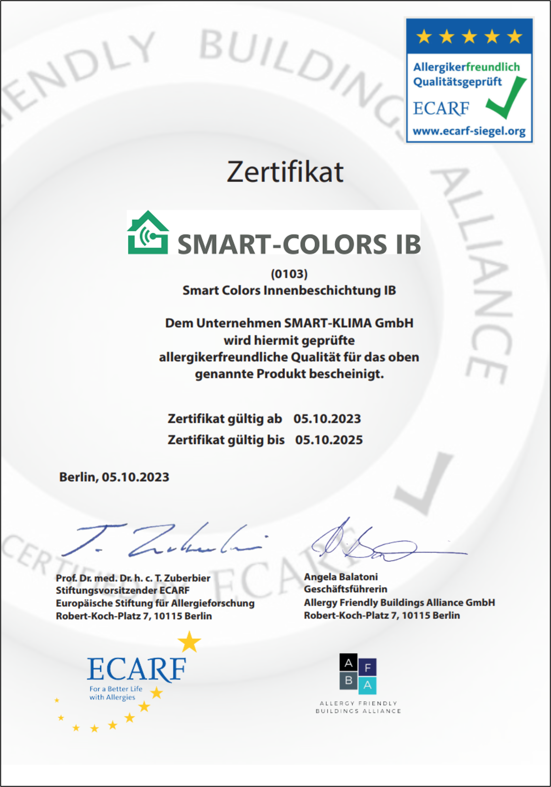 AFBA Zertifikat für die Innenraumbeschichtung (Farbe) SMART-COLORS IB