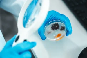 Eine Lupe wird auf eine Petrischale mit offensichtlichem Schimmel gerichtet.