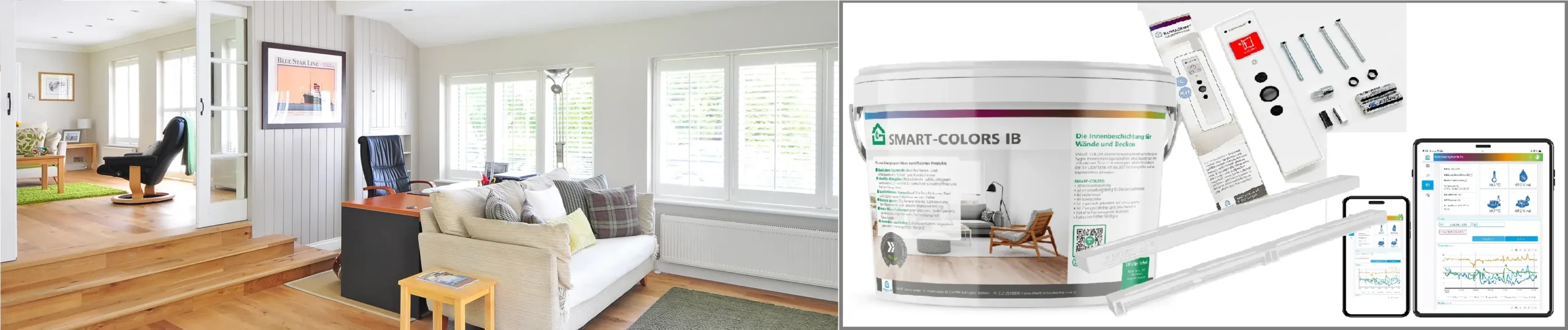 Bildkollage: links eine frisch renovierte Wohnung mit gesundem Raumklima, rechts die drei Produkte, mit denen das erreicht werden kann.