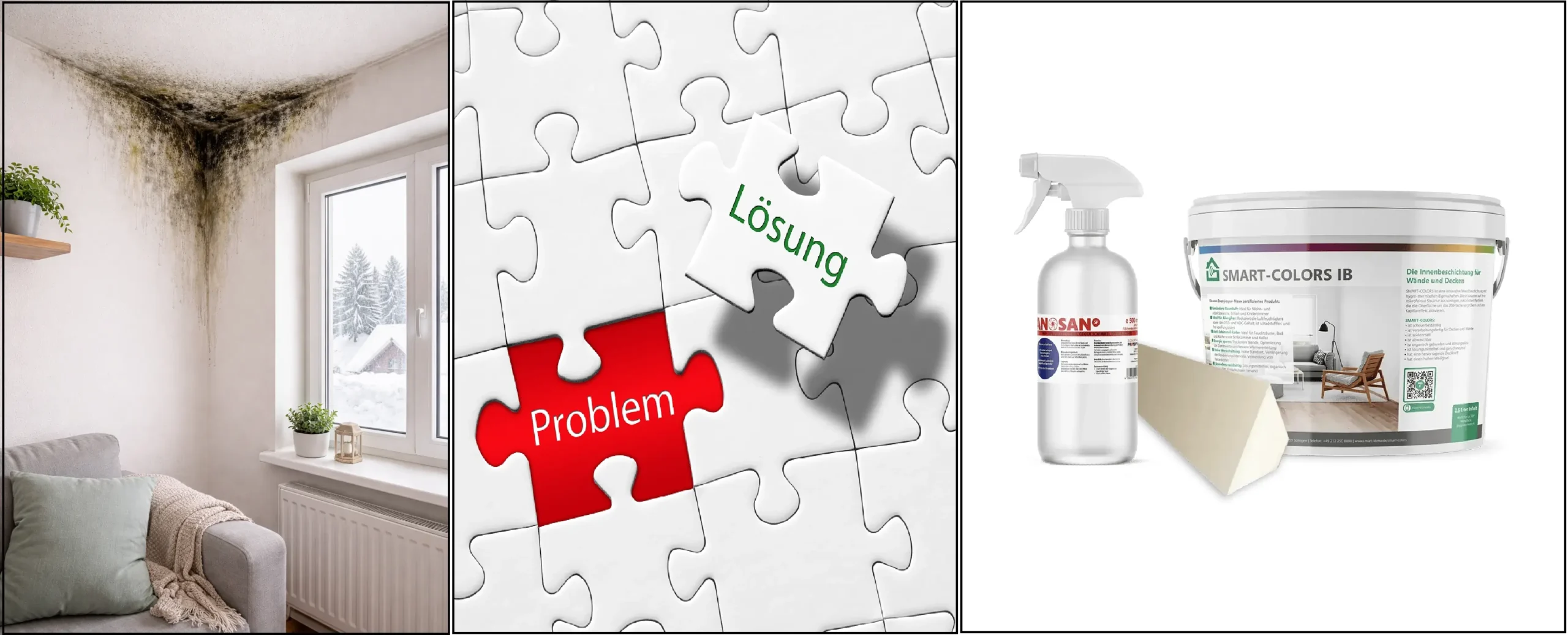 Bildkollage zu Schimmel in der Ecke - Schimmelflecken im Wohnzimmer und unser Produkt dazu, um das dauerhaft zu beheben.