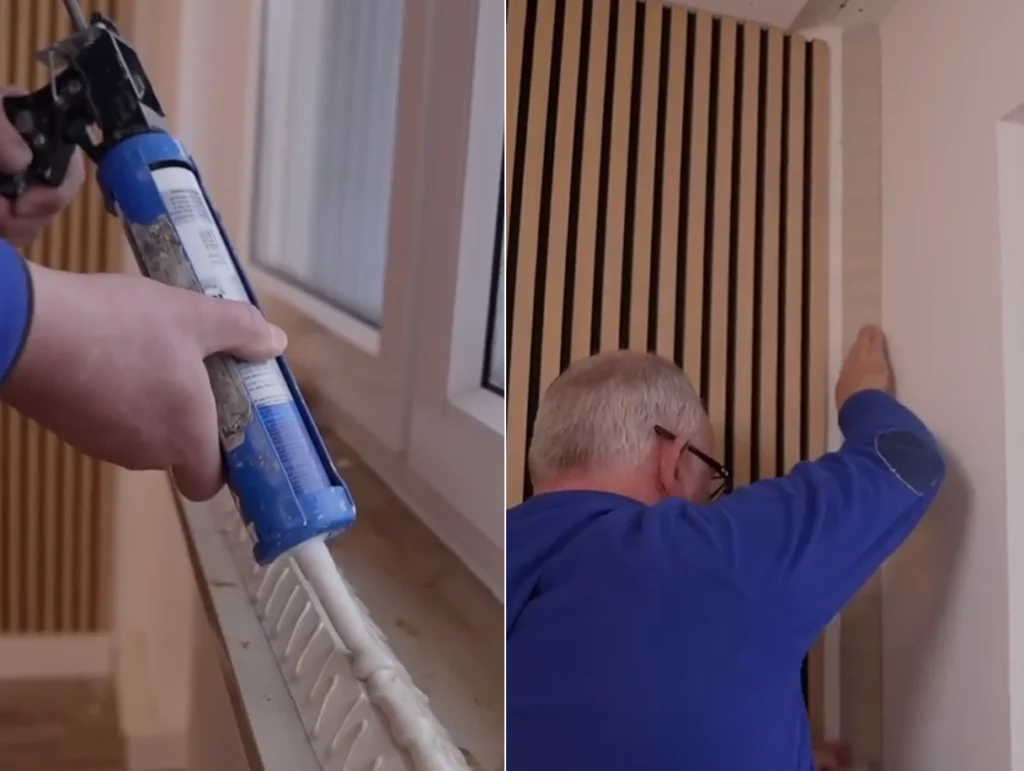 In dieser Bildkollage sieht man, wie ein Handwerker großzügig Spezialkleber auf einem Geo-Dämmkeil aufträgt und den Dämmkeil dann in der Raumecke anbringt.