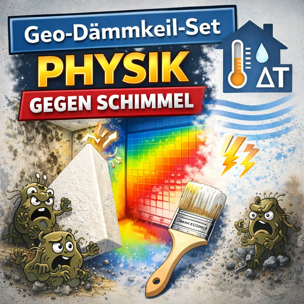 Karikaturistische Darstellung des Beitrages "Geo-Dämmkeil-Set - Physik gegen Schimmel"