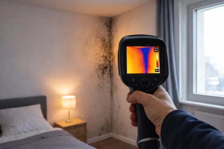 Ein Gutachter hält eine Wärmebildkamera in Richtung feuchter und schimmeliger Raumecke