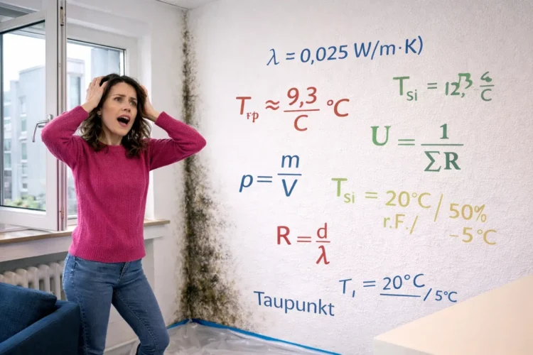 Eine Mieterin schlägt die Hände zusammen, physikalische Formeln an der Wand stellen die Ratlosigkeit dar