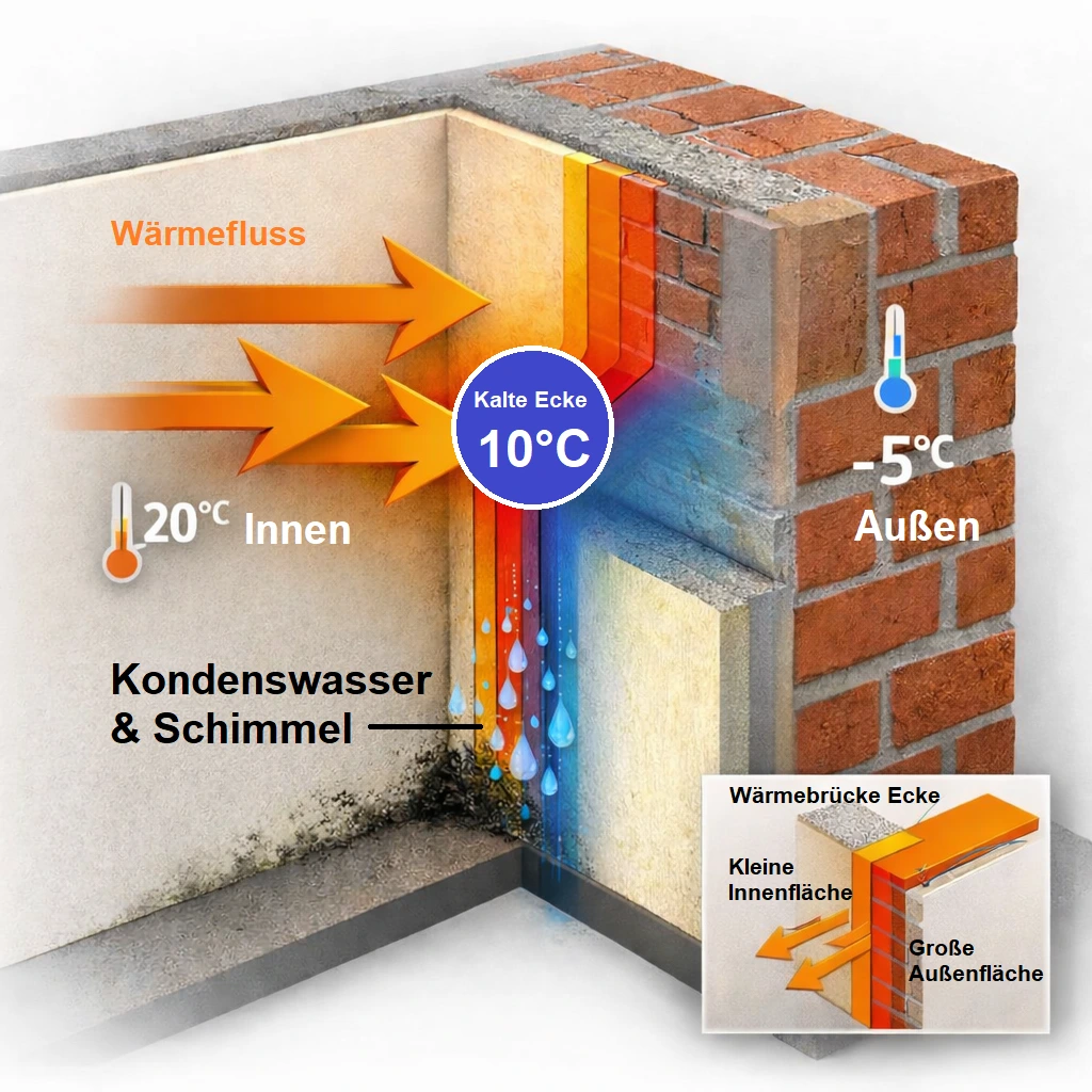 Querschnitt Innen- und Außenwand zur Darstellung von Normklima und Wärmebrücke